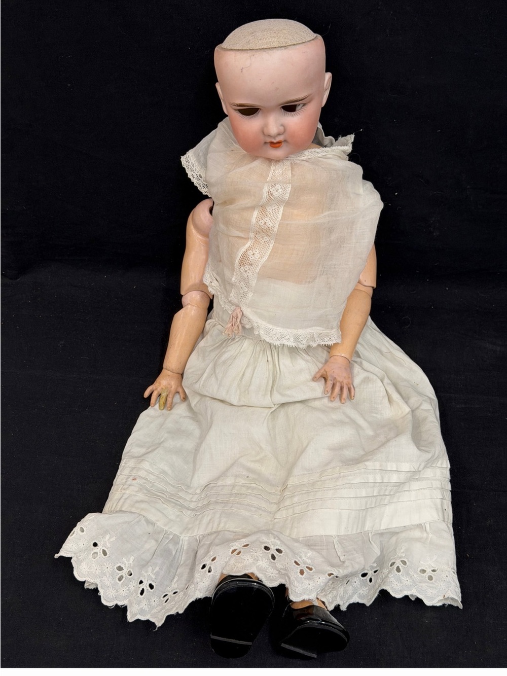 Antique Porcelain Baby Doll in Cream Dress - 21 inches long made in Germany
